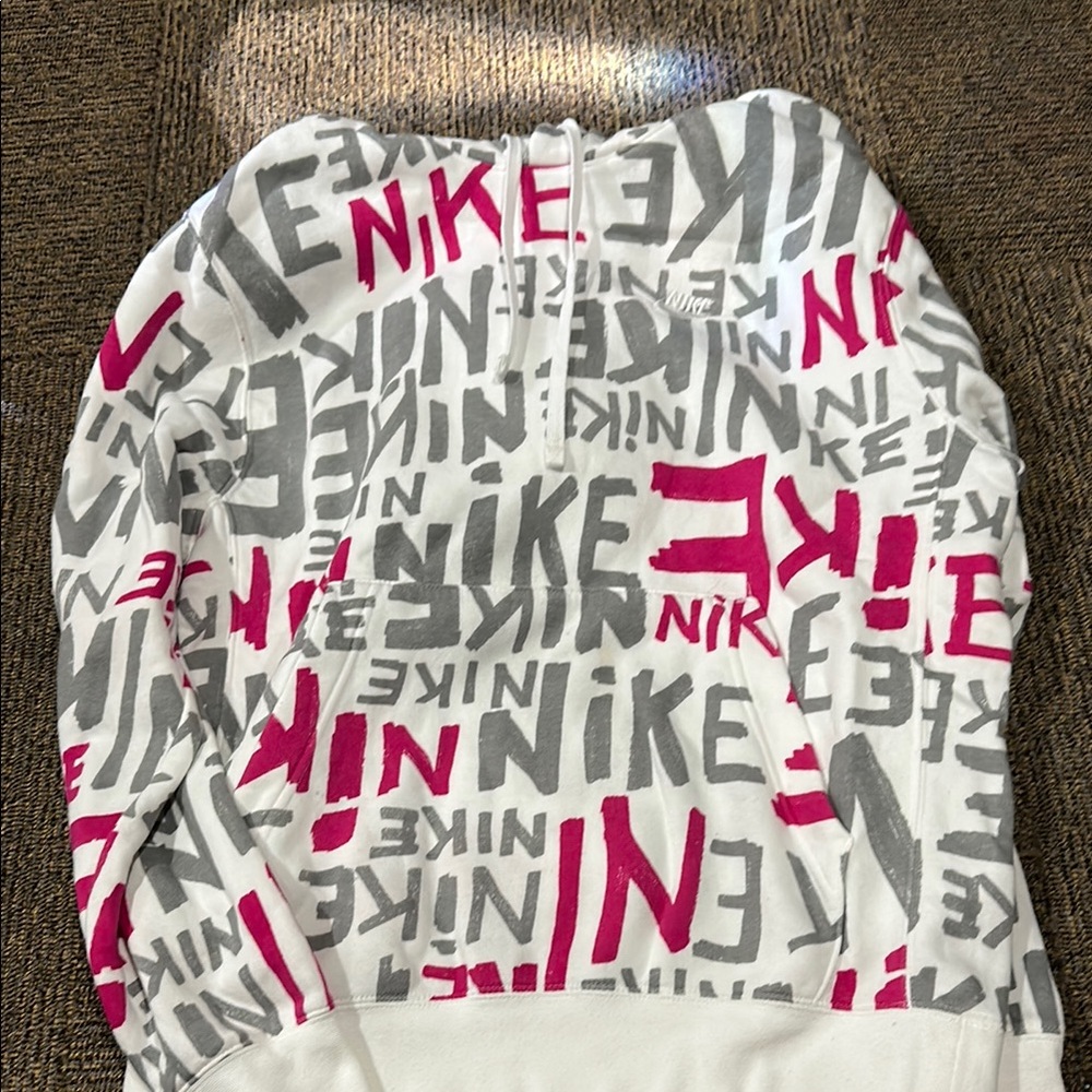 Nike White Hoodie with Pink and Gray Graphics